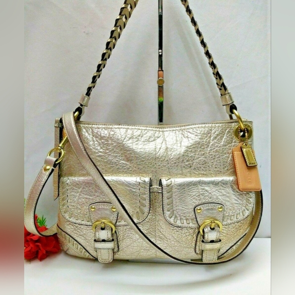 Coach 19014 Designer Metallic Poppy Gold Lame Tote Shoulder Bag Braided Handle